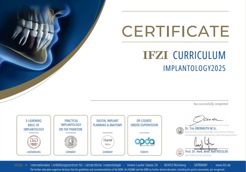 IFZI Implantologie Curriculum certificate 2025 IFZI Implantologie Curriculum certificate 2025